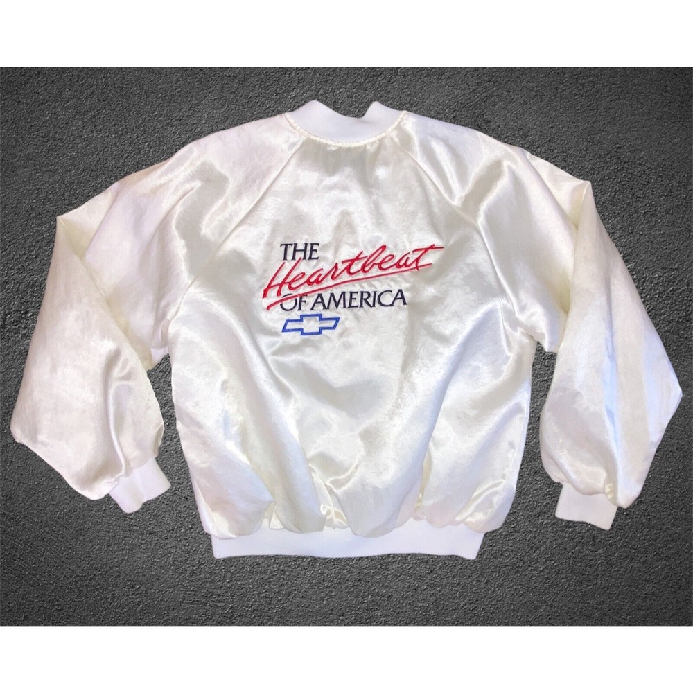 Vtg. 1980's XLarge Chevrolet The Heartbeat of America Jacket White Satin Bomber